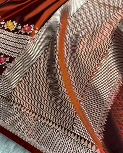 Vedika - Rust Orange Maroon Festive Floral Zari Saree