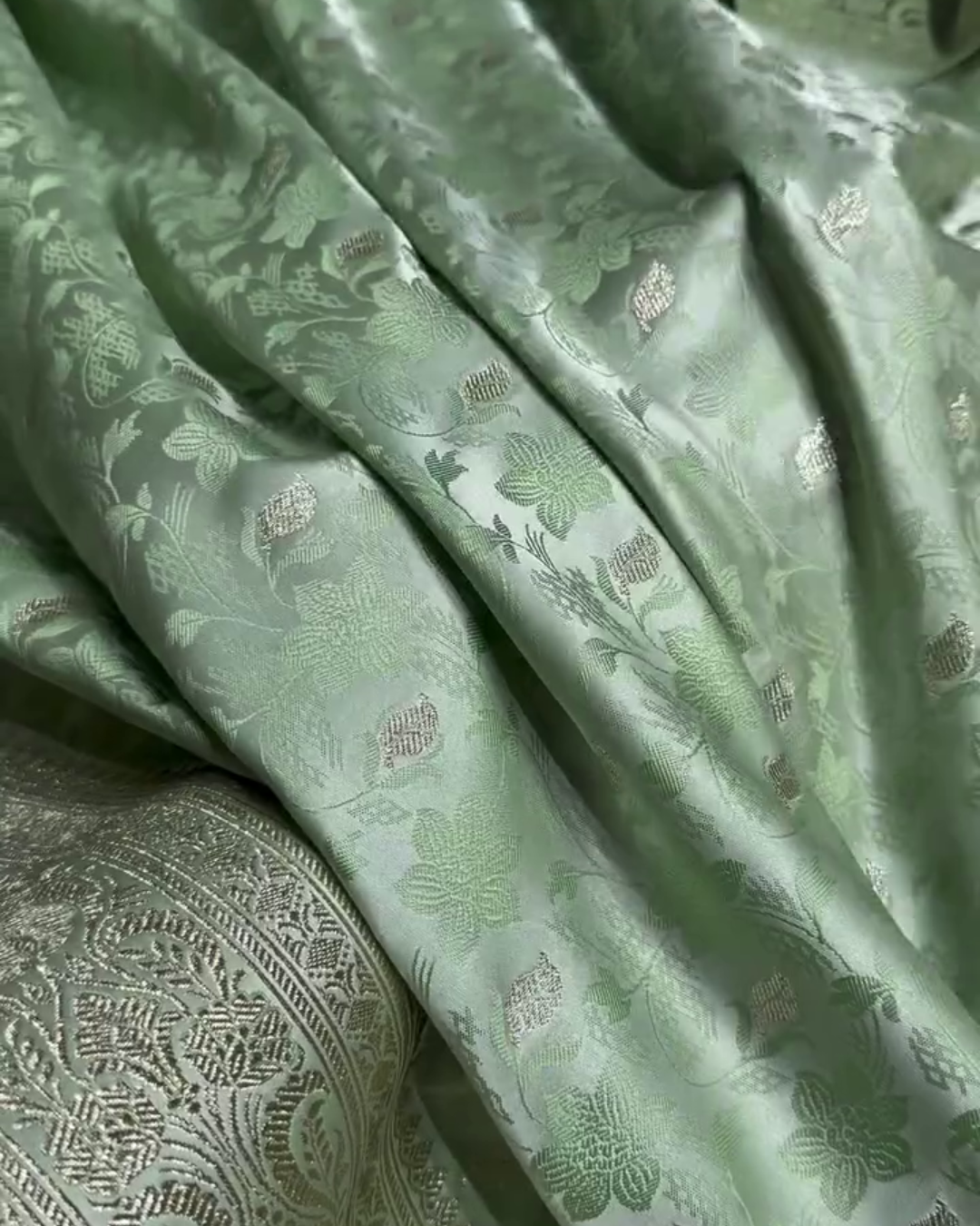 Shailee - Mint Green Satin Katan Silk Saree with Floral Zari Weave
