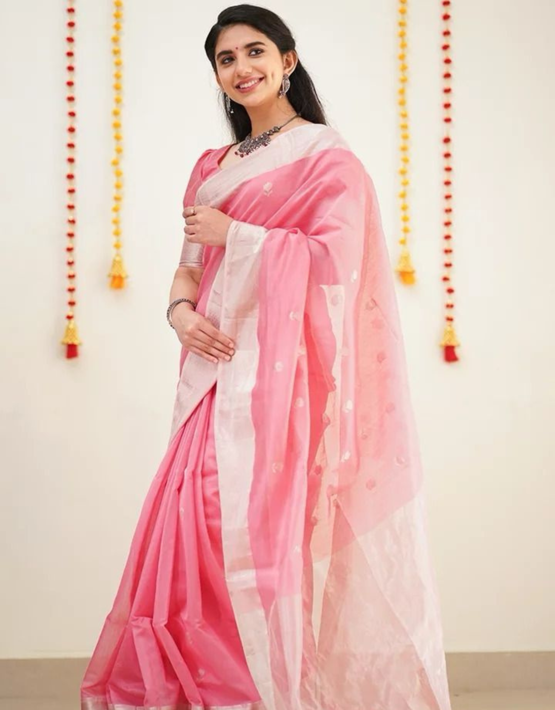 Vishwa Baby Pink Linen Cotton Saree