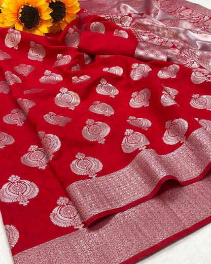 Prabhutha Red Banarasi Soft Silk Saree