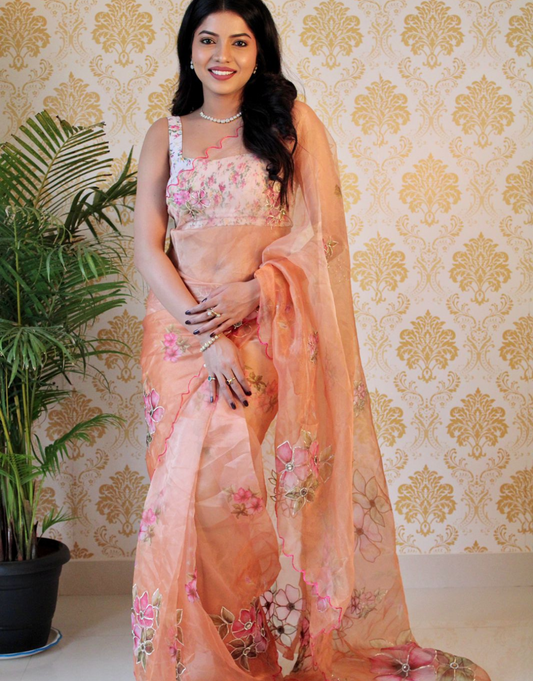 Aditi Peach Organza Silk Saree