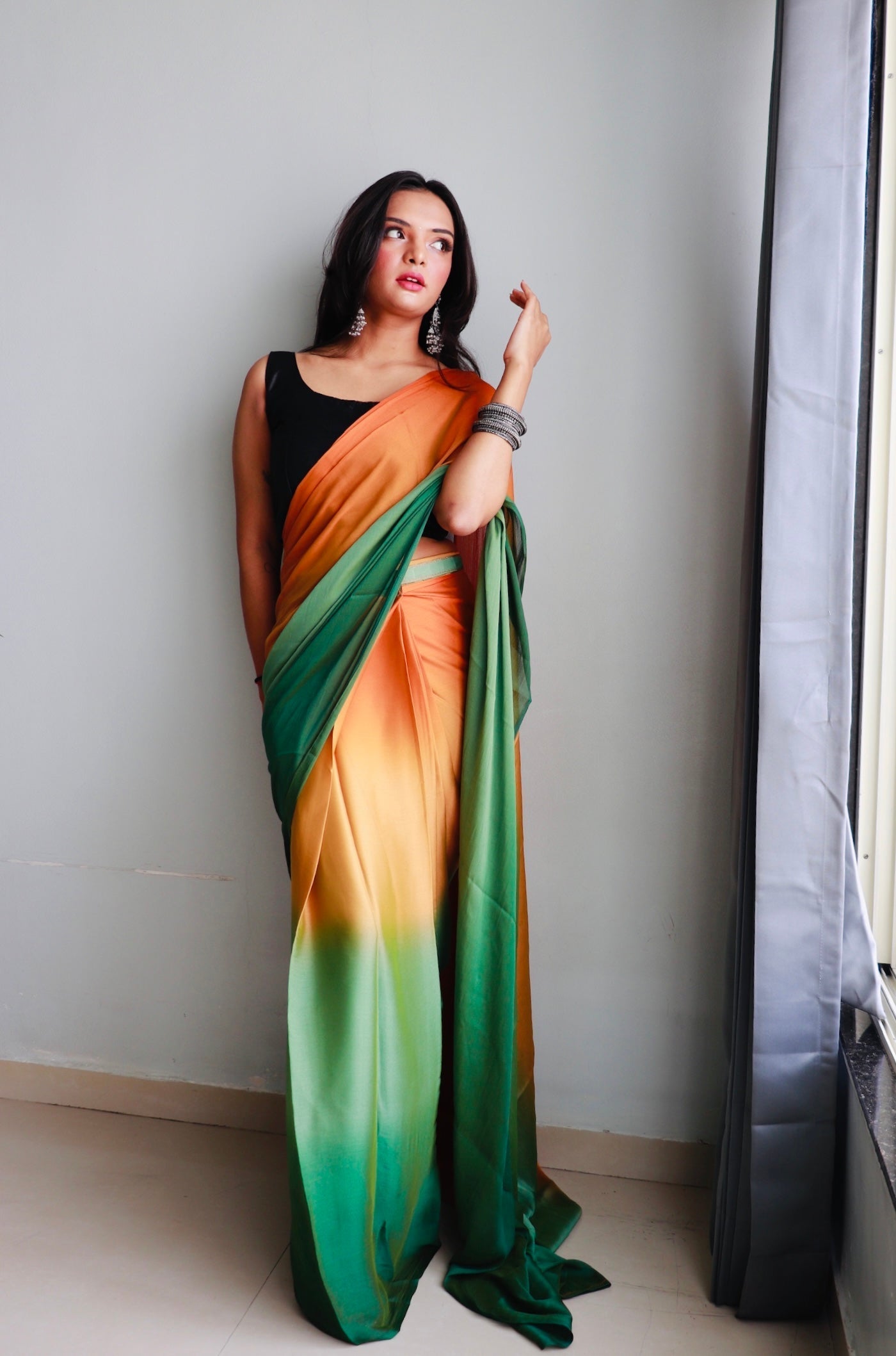 1 MIN Ready To Wear Dark Yellow- Green  Dual shade Saree - Kachi Keri