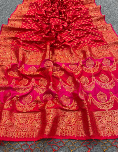 Hetvi Pinkish Red Banarasi Satin Silk Saree