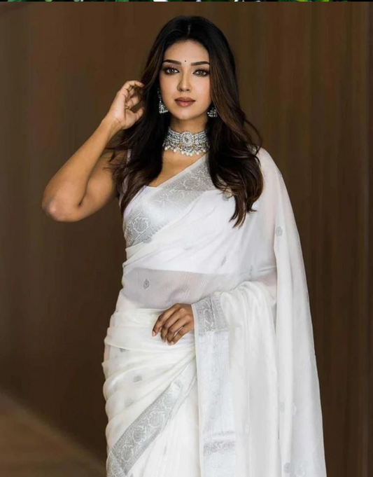 Fatima White Linen Cotton Saree