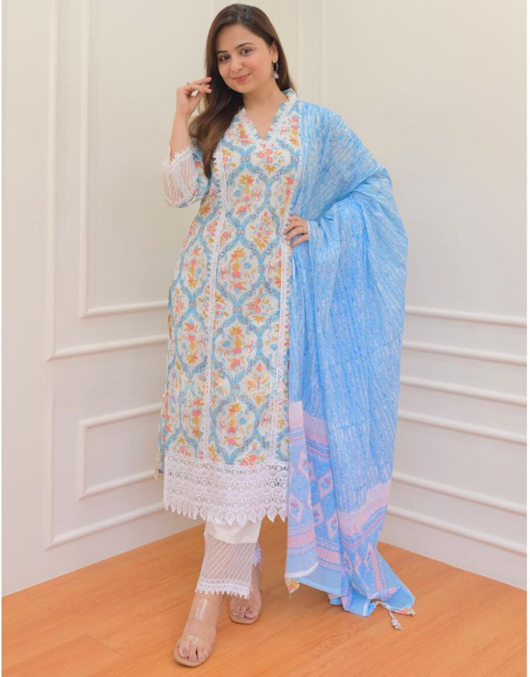 Manyata Sky Blue Cotton Kurti Dupatta Pair