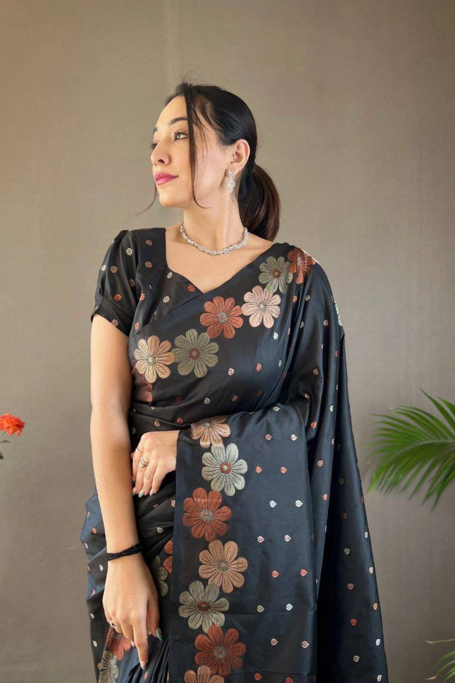 Rosette Bloom - Black Satin Silk Saree