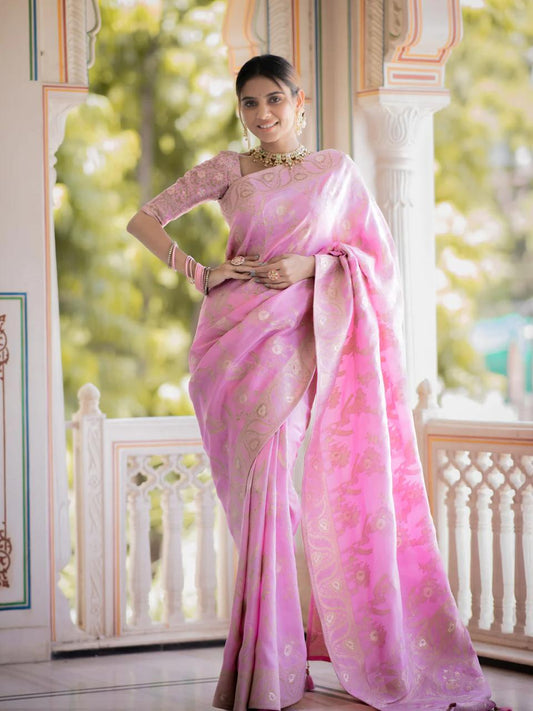 Hema Onion Pink Banarasi Silk Saree