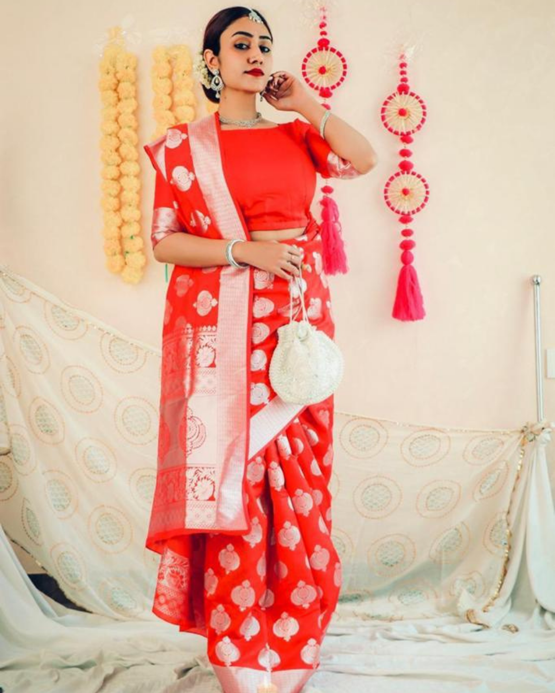 Prabhutha Red Banarasi Soft Silk Saree