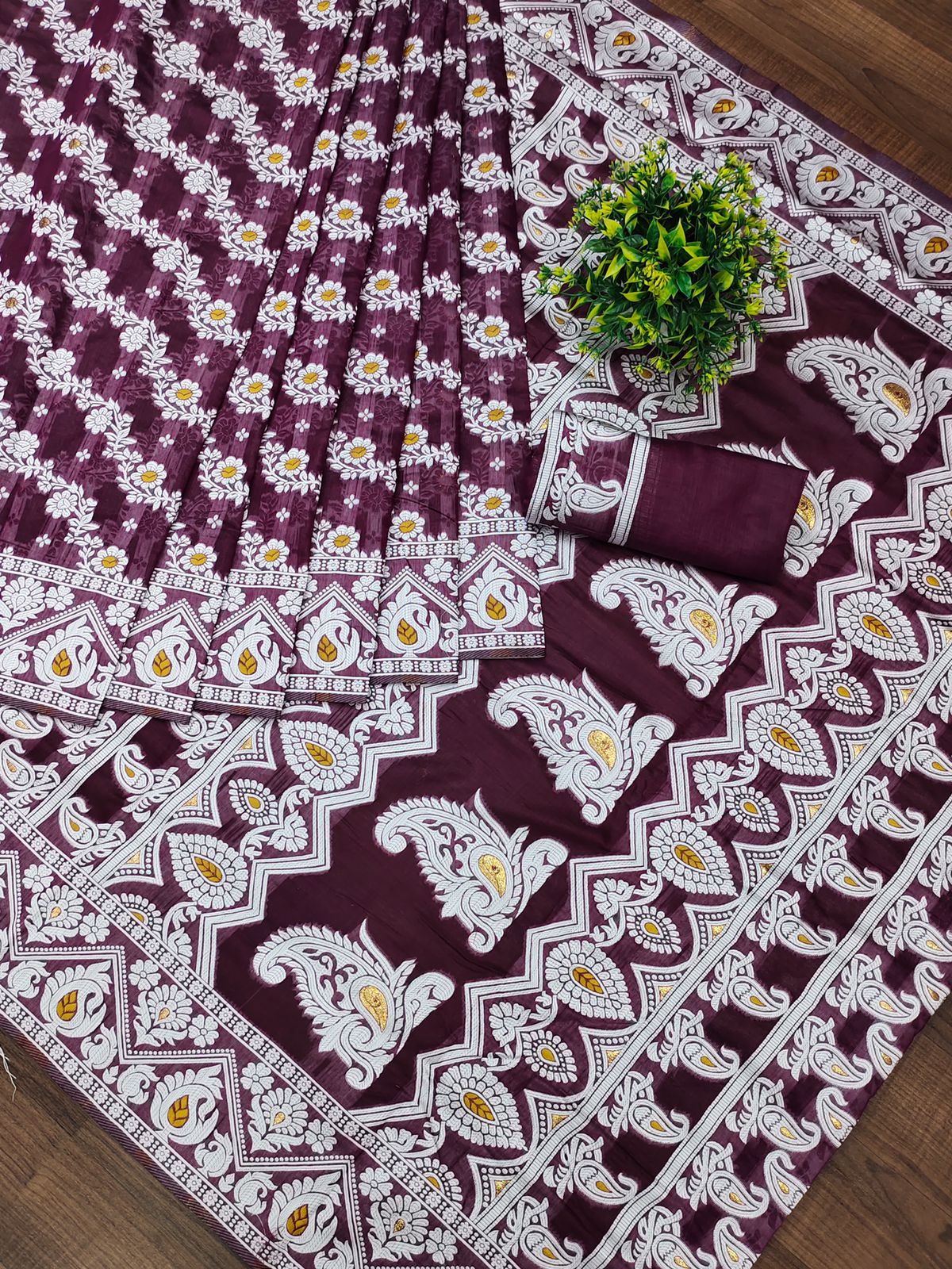 Kenvi Wine Banarasi Silk Saree