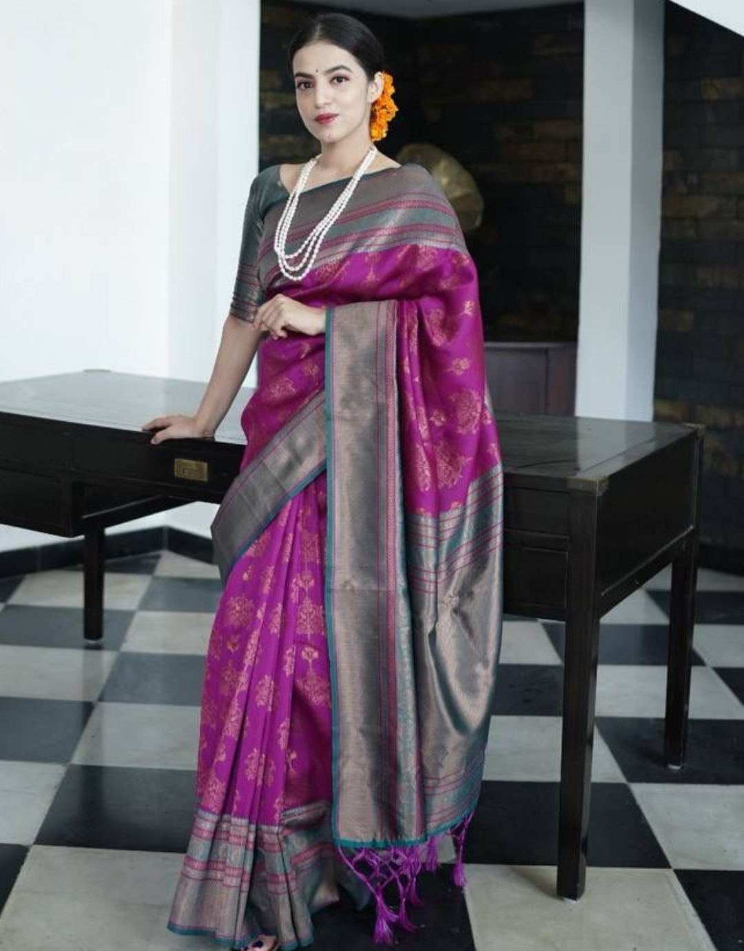 Incredible Pinkish Soft Banarasi Silk Saree WIth Attached Blouse Piece