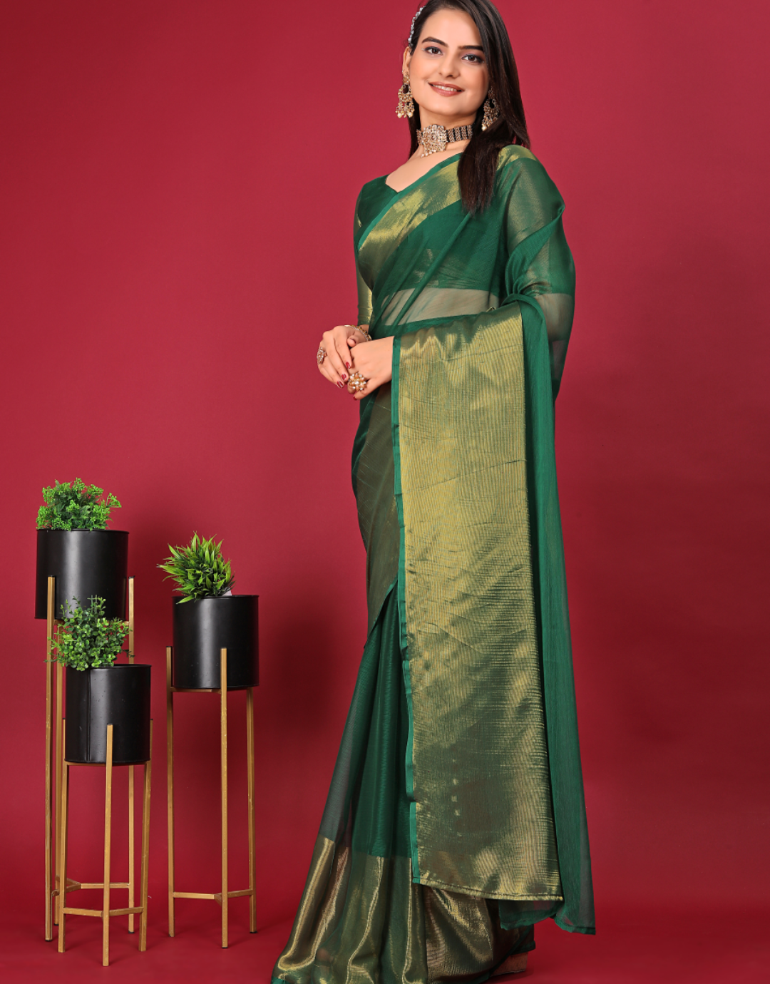 Priya  Dark Green Just One Minute Ready To Wear Soft Silk Saree