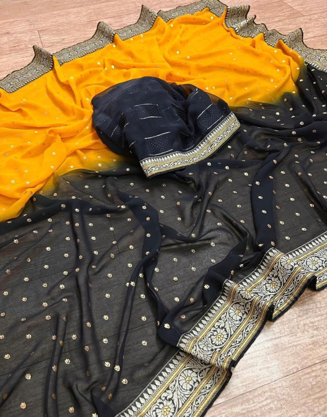 Vrinda Yellow-Black Printed Georgette Silk Saree