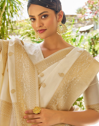 White Daisy Kanjivaram Silk Saree