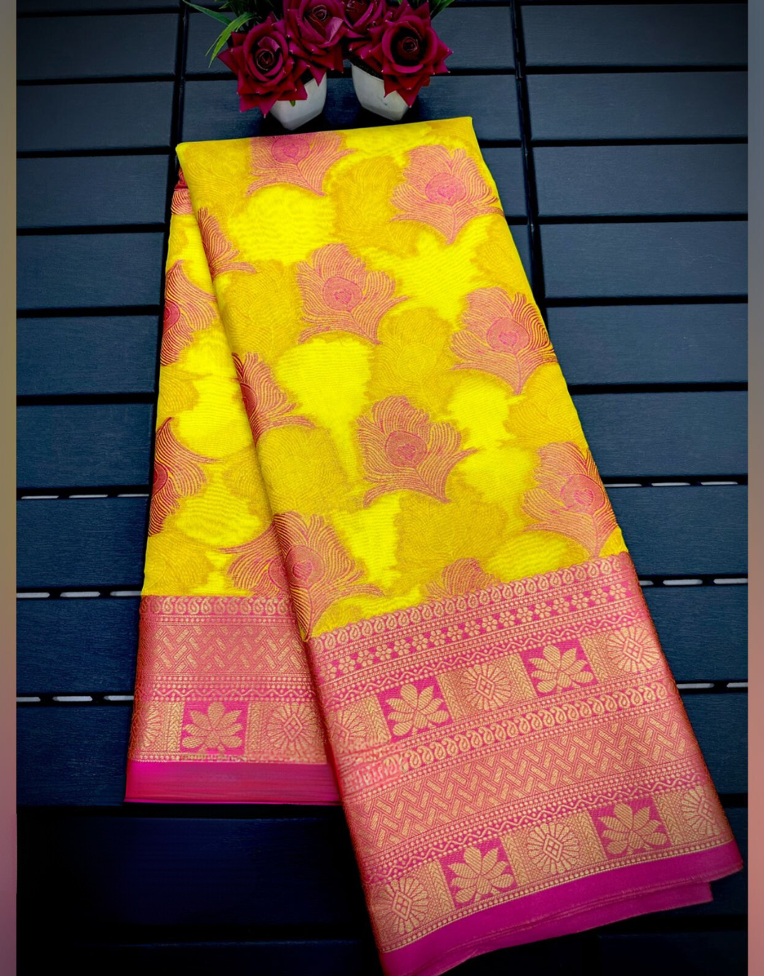 Vishakha Yellow-Pink Organza Silk Saree