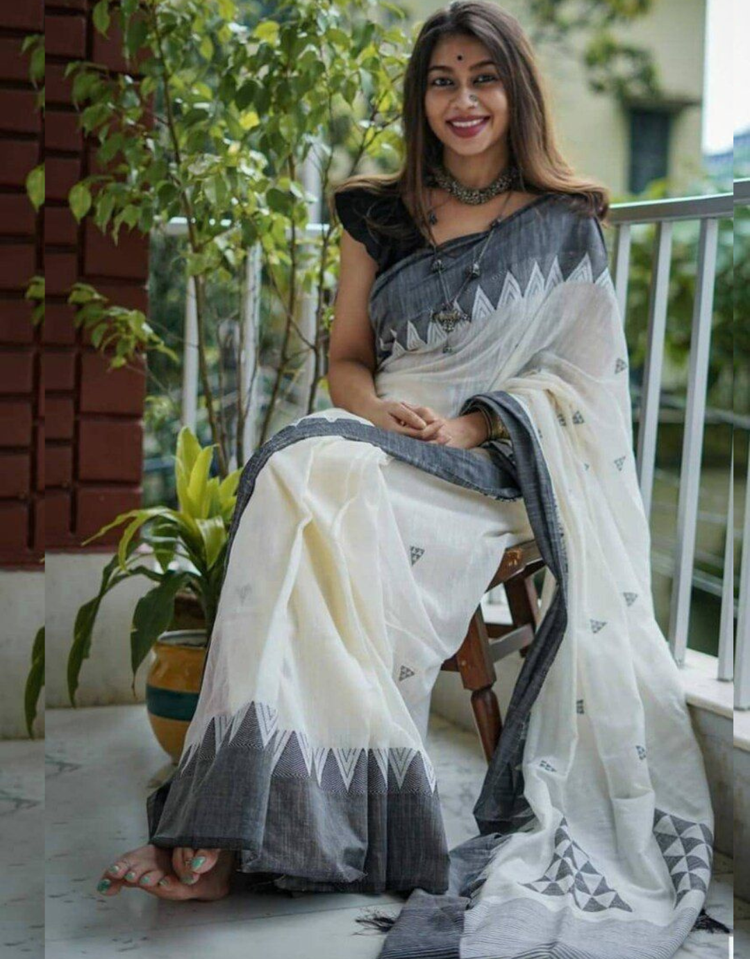 Maitri White-Black Manipuri Cotton Saree