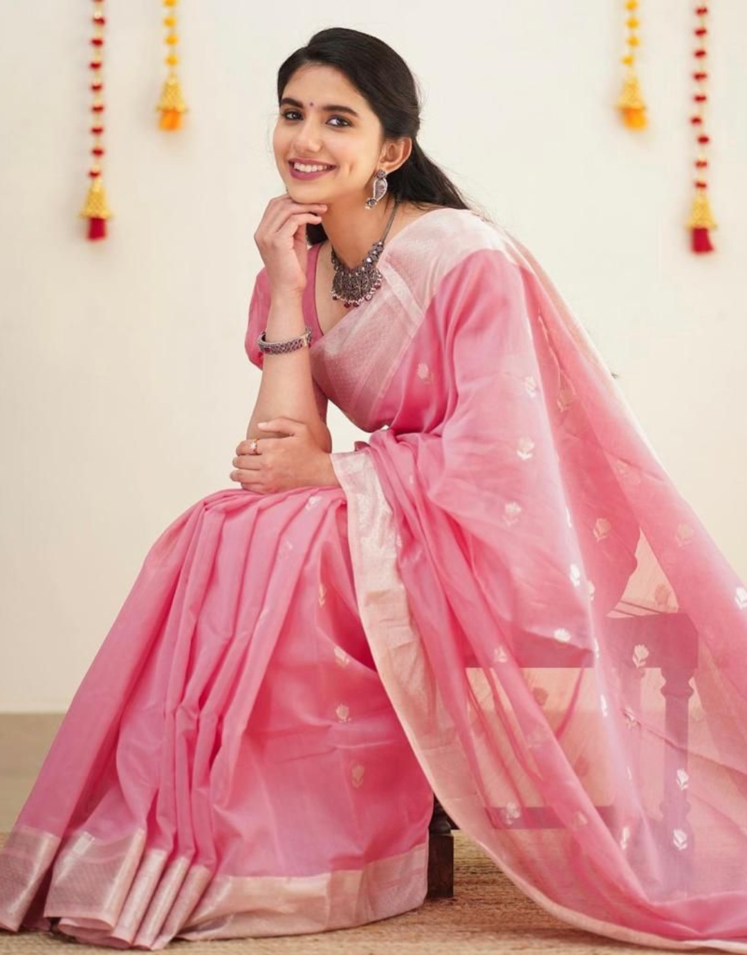 Vishwa Baby Pink Linen Cotton Saree