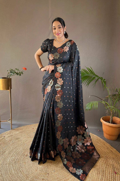 Rosette Bloom - Black Satin Silk Saree