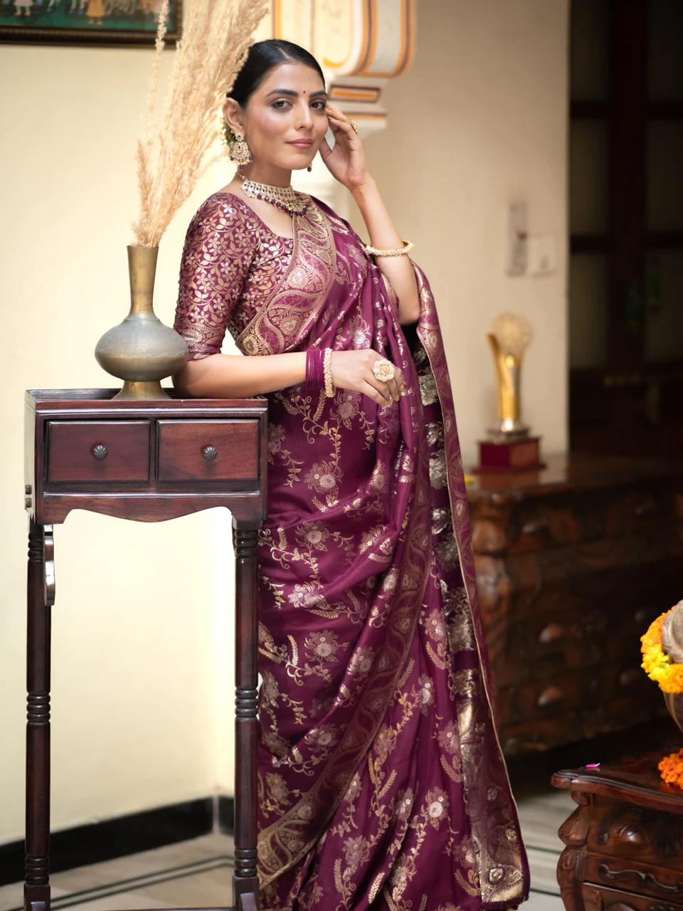 Hema Wine Banarasi Silk Saree