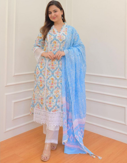 Manyata Sky Blue Cotton Kurti Dupatta Pair