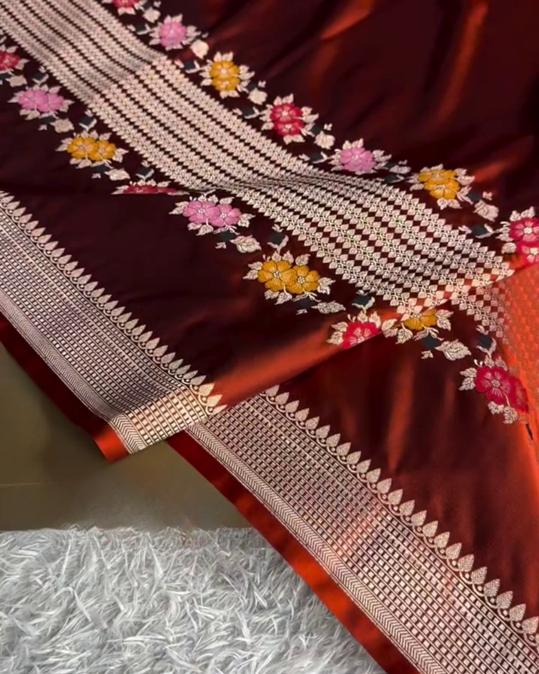Vedika - Rust Orange Maroon Festive Floral Zari Saree