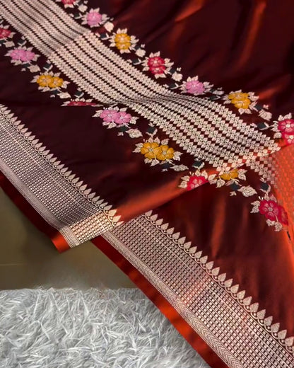 Vedika - Rust Orange Maroon Festive Floral Zari Saree