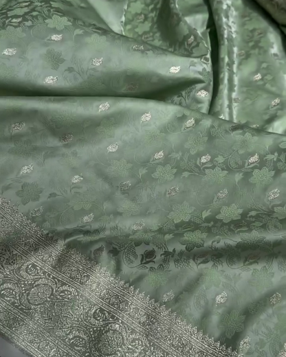 Shailee - Mint Green Satin Katan Silk Saree with Floral Zari Weave
