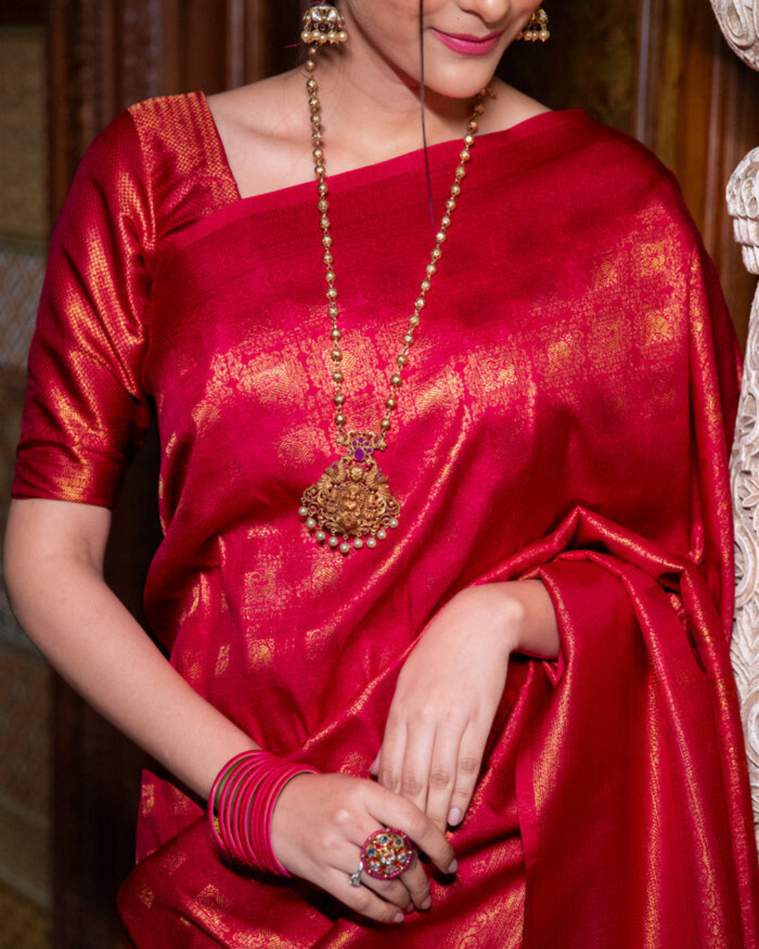 Golden Garnet - Handwoven Banarasi Silk Saree