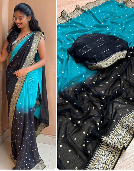 Vrinda SkyBlue-Black Printed Georgette Silk Saree