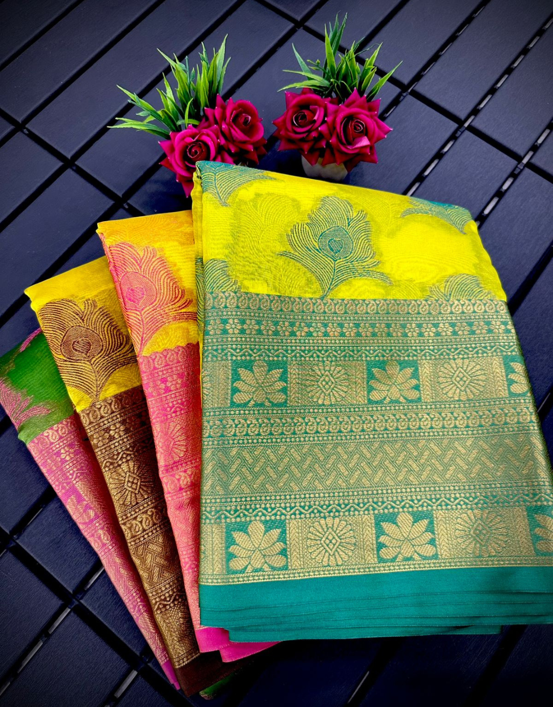 Vishakha Yellow-Pink Organza Silk Saree