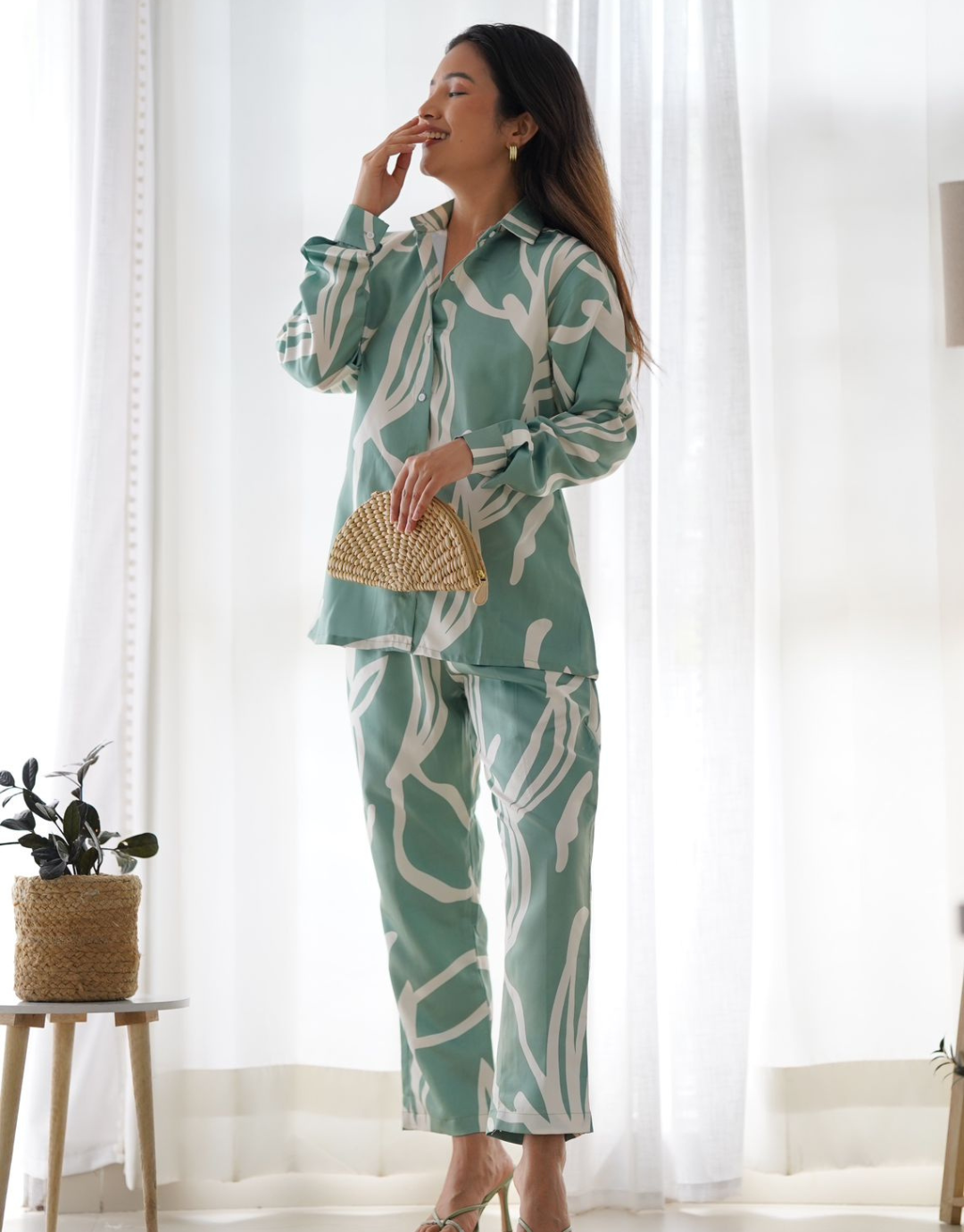 Jenny Green Satin Digital Printed Co-Ord Set