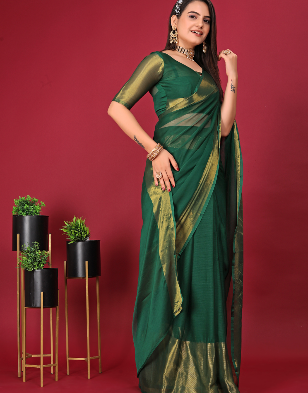 Priya  Dark Green Just One Minute Ready To Wear Soft Silk Saree