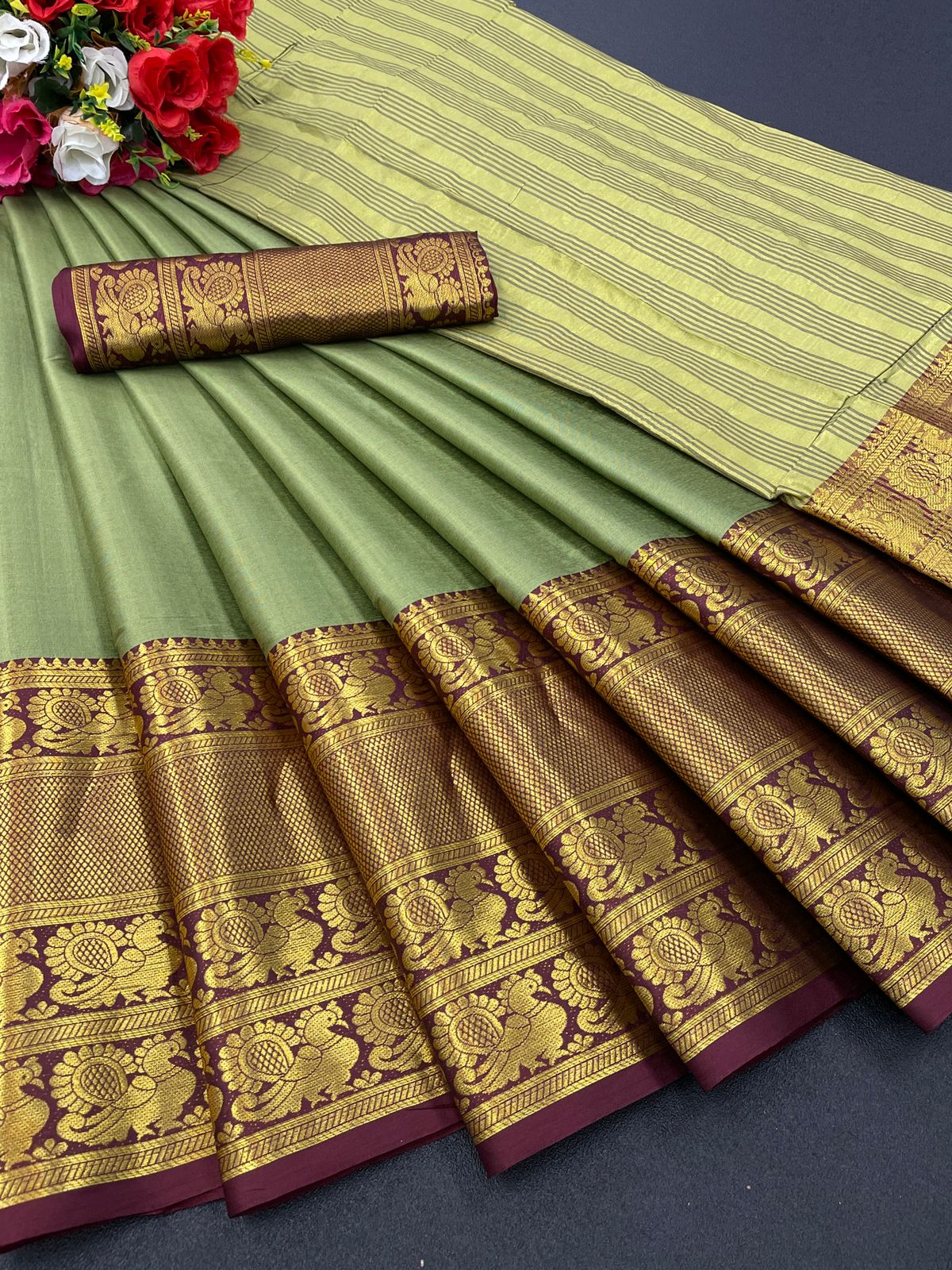 Nupoor Drab Green Banarasi Silk Saree