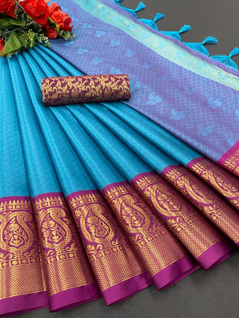 Yutika Sky Blue Soft Silk Saree