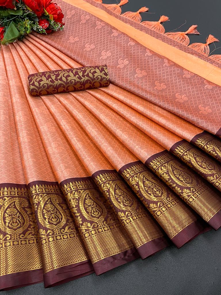 Yutika Peach Soft Silk Saree