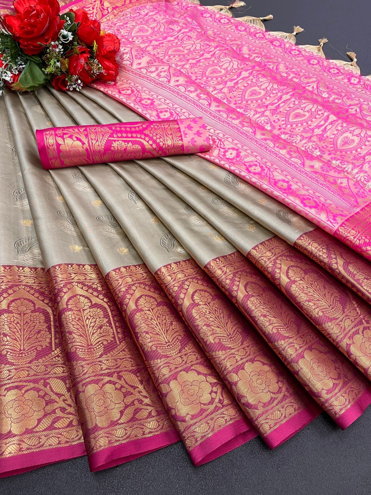 Mita Grey-Pink Soft Silk Saree