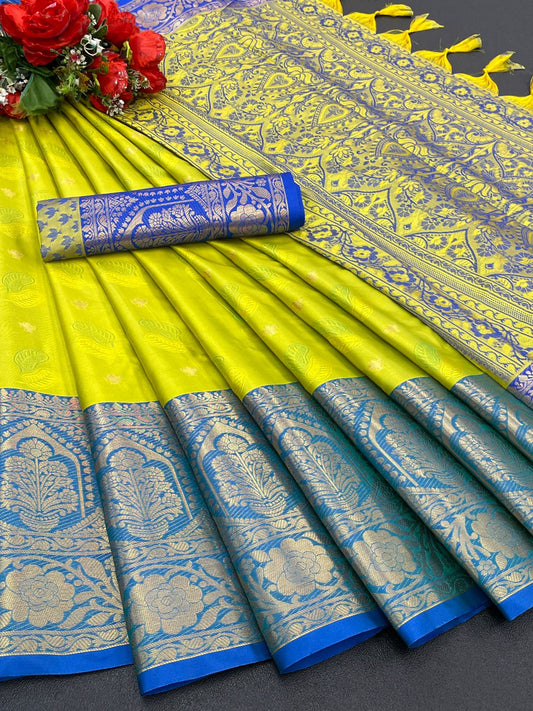 Mita Lemon-Blue Soft Silk Saree