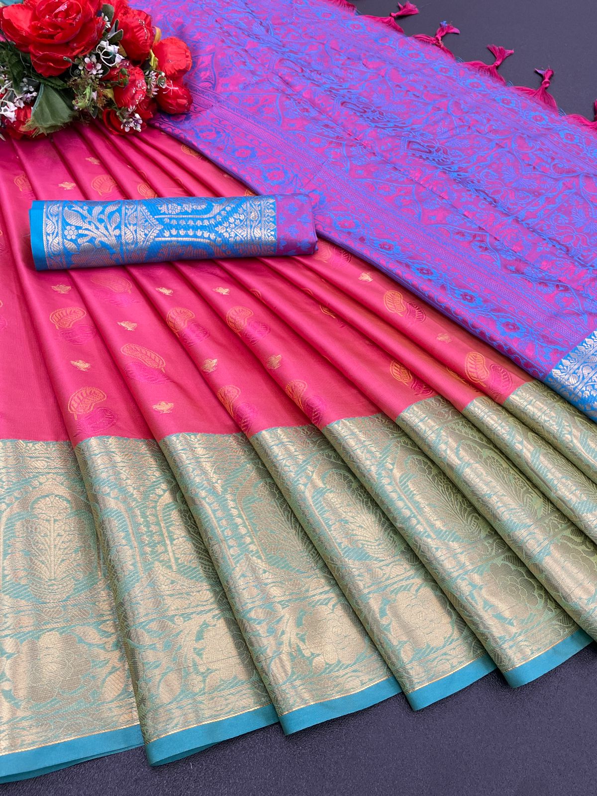 Mita Pink-Blue Soft Silk Saree