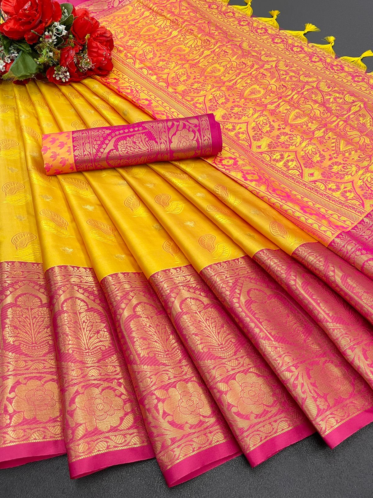 Mita Yellow-Pink Soft Silk Saree