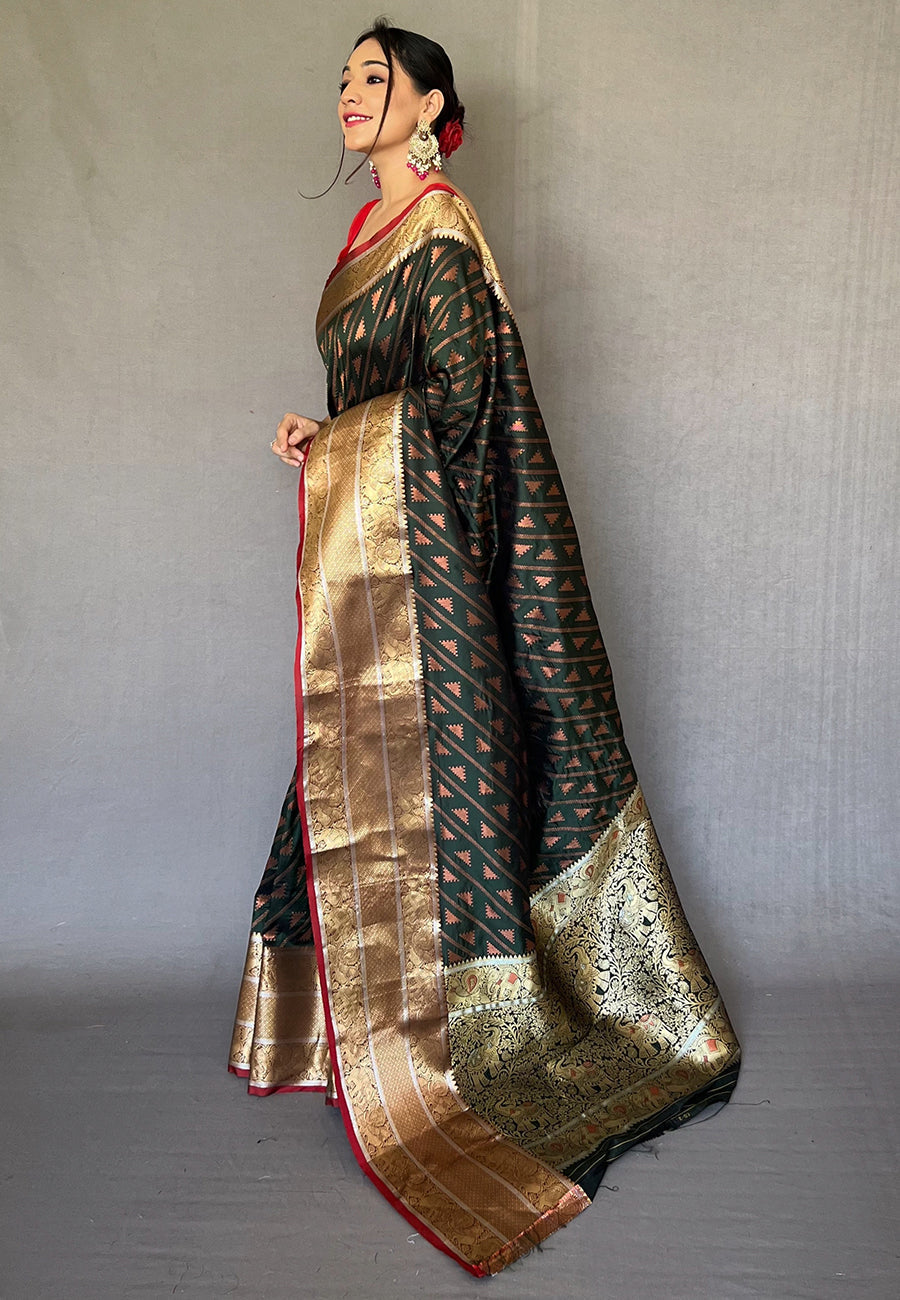 Bottle Green Aanchal Banarasi Silk Leheriya Copper Zari Woven Saree