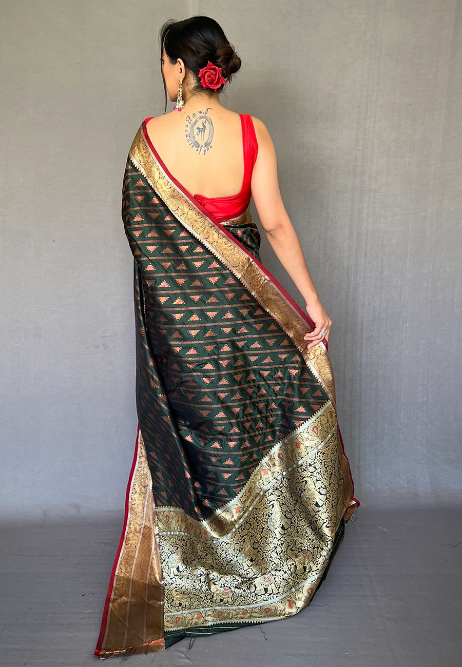 Bottle Green Aanchal Banarasi Silk Leheriya Copper Zari Woven Saree