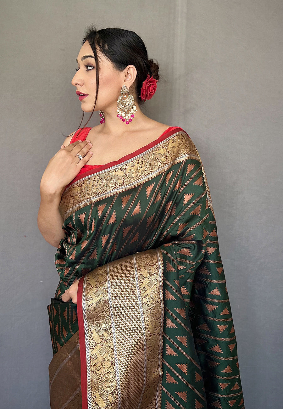 Bottle Green Aanchal Banarasi Silk Leheriya Copper Zari Woven Saree