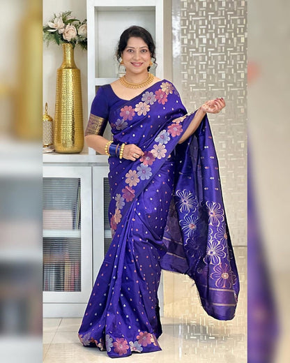 Axshita RoyalBlue Banarasi Saree With Mesmorising Blouse Piece Attached