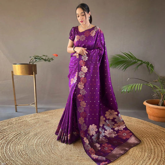 Axshita Wine Banarasi Saree With Mesmorising Blouse Piece Attached