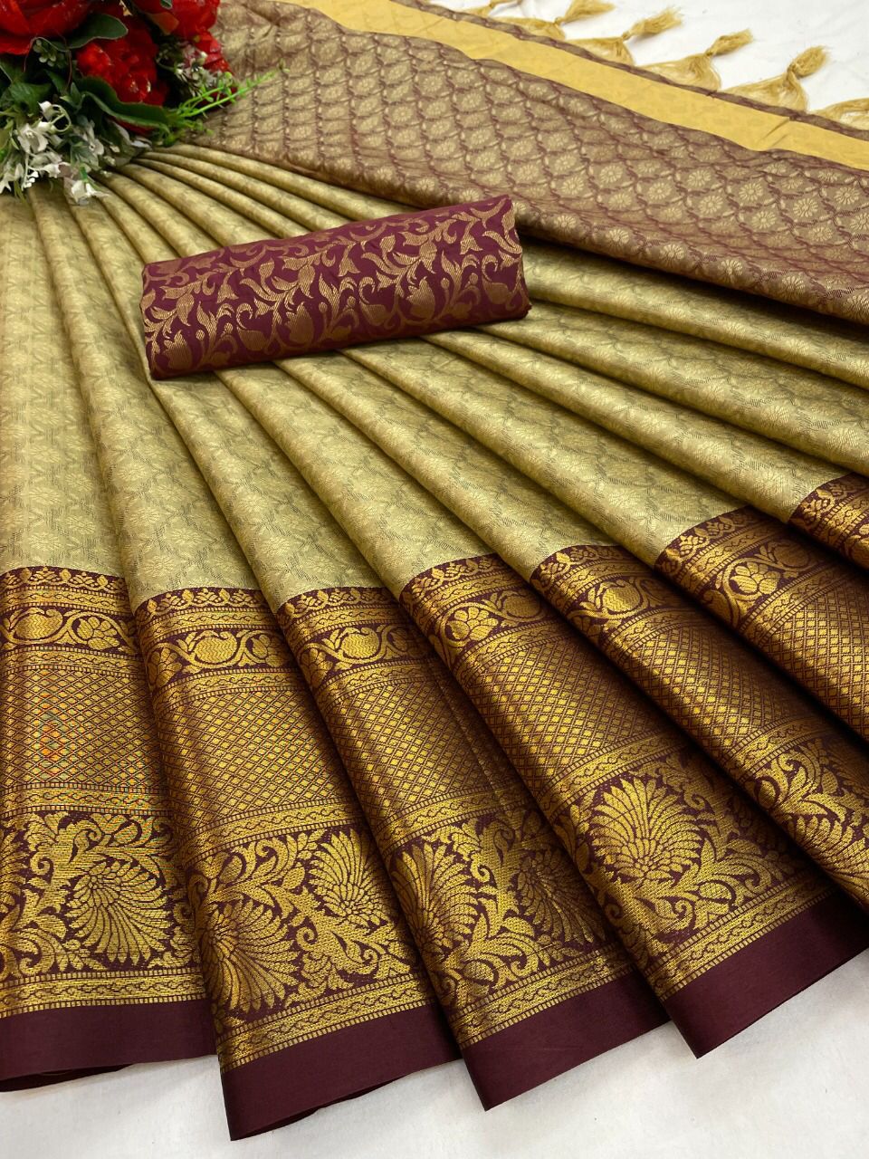 Urvi Beige-Maroon Cotton Silk Saree