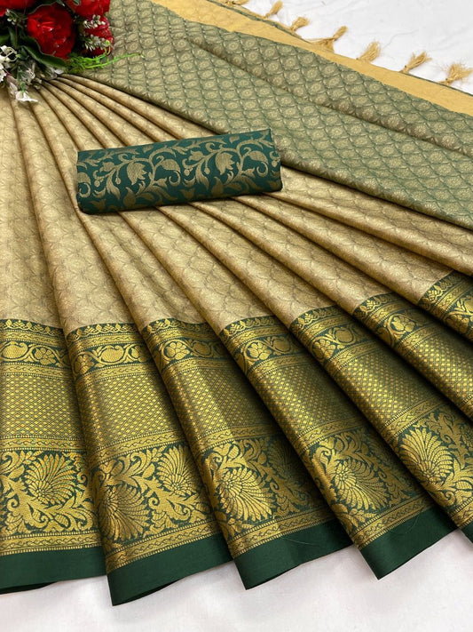 Urvi Beige-Green Cotton Silk Saree