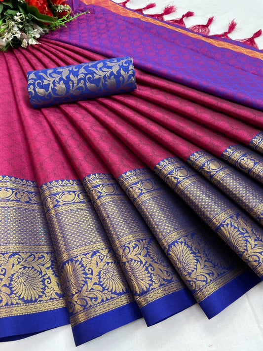 Urvi Pink-Blue Cotton Silk Saree