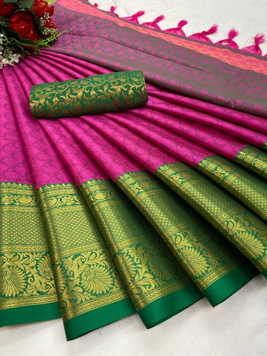 Urvi Pink-Green Cotton Silk Saree