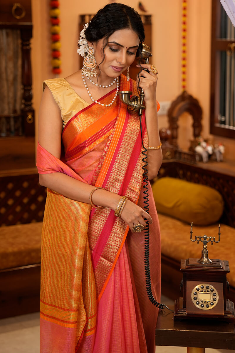 Minakshi Peach Linen Silk Saree