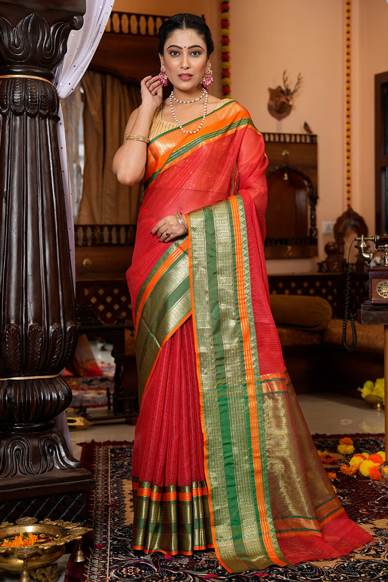 Minakshi Red Linen Silk Saree