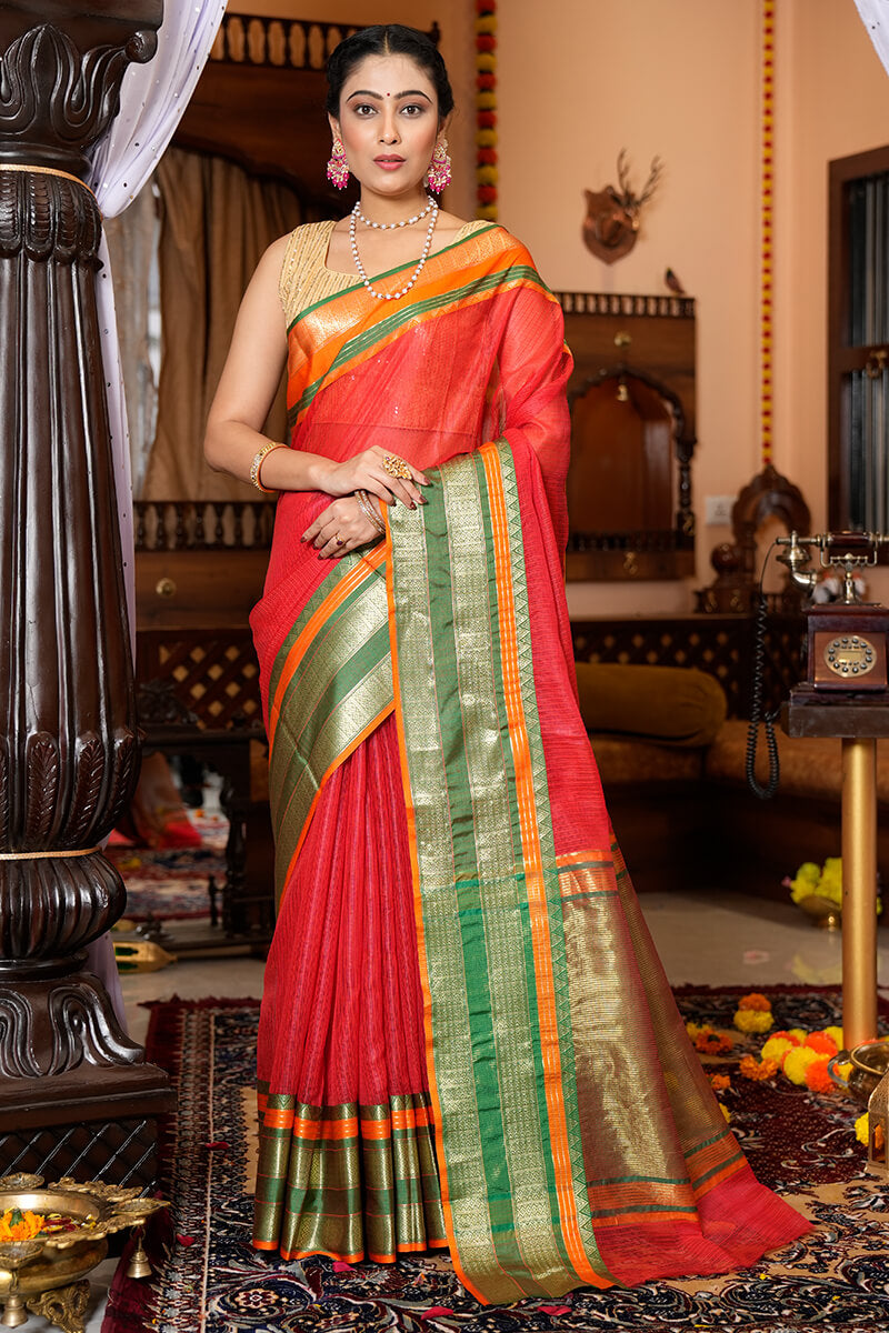 Minakshi Red Linen Silk Saree